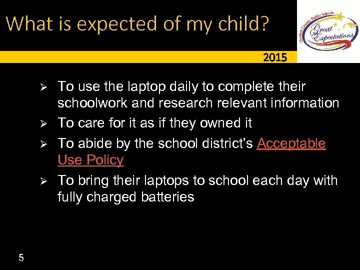 What is expected of my child? 2015 Ø Ø 5 To use the laptop