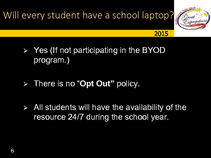 Will every student have a school laptop? 2015 Ø Ø There is no “Opt