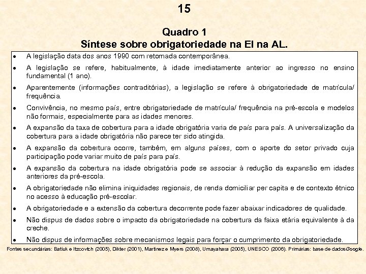 15 Quadro 1 Síntese sobre obrigatoriedade na EI na AL. A legislação data dos