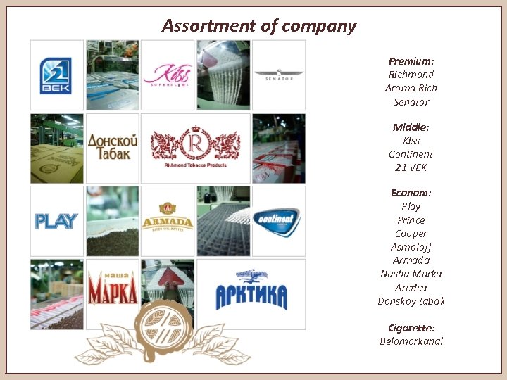 Assortment of company Premium: Richmond Aroma Rich Senator Middle: Kiss Continent 21 VEK Econom: