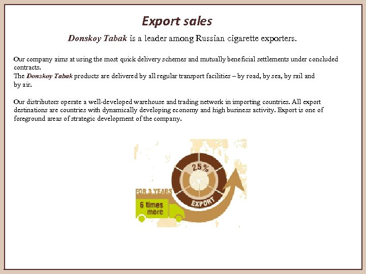 Export sales Donskoy Tabak is a leader among Russian cigarette exporters. Our company aims