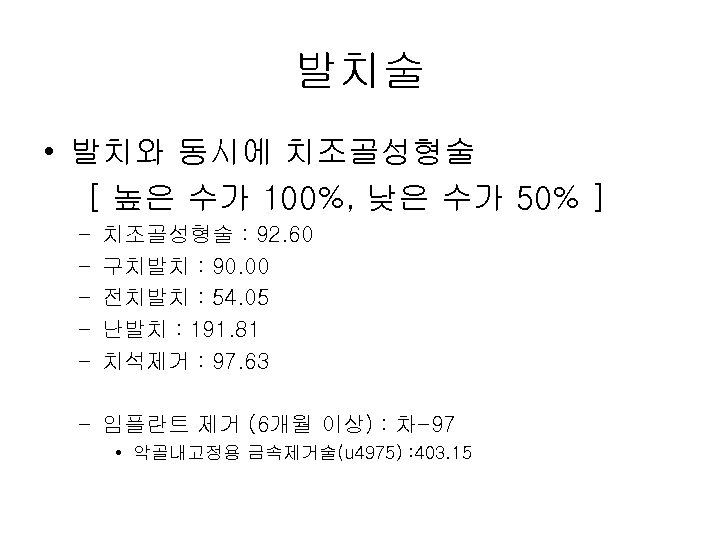 발치술 • 발치와 동시에 치조골성형술 [ 높은 수가 100%, 낮은 수가 50% ] –