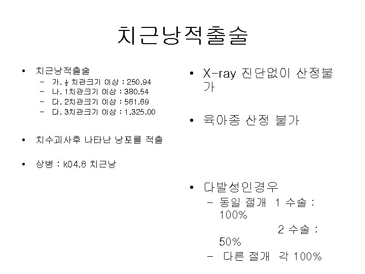 치근낭적출술 • 치근낭적출술 – – 가. 나. 다. 다. ½ 치관크기 이상 : 250.