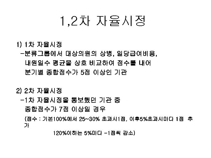 1, 2차 자율시정 1) 1차 자율시정 -분류그룹에서 대상의원의 상병, 일당급여비용, 내원일수 평균을 상호 비교하여