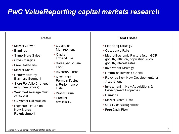 Pw. C Value. Reporting capital markets research Retail • • • Market Growth Earnings