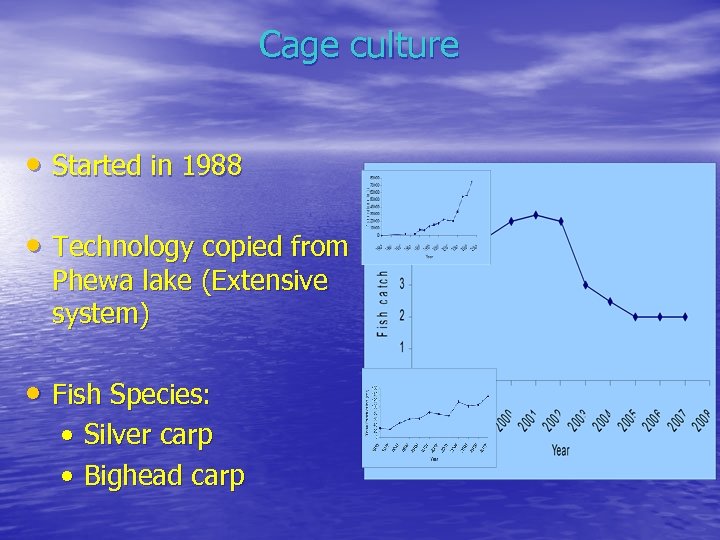 Cage culture • Started in 1988 • Technology copied from Phewa lake (Extensive system)