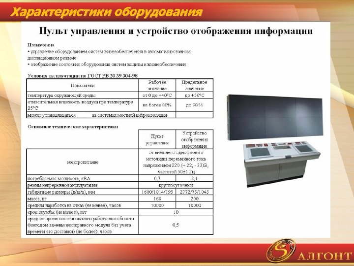 Характеристики оборудования 