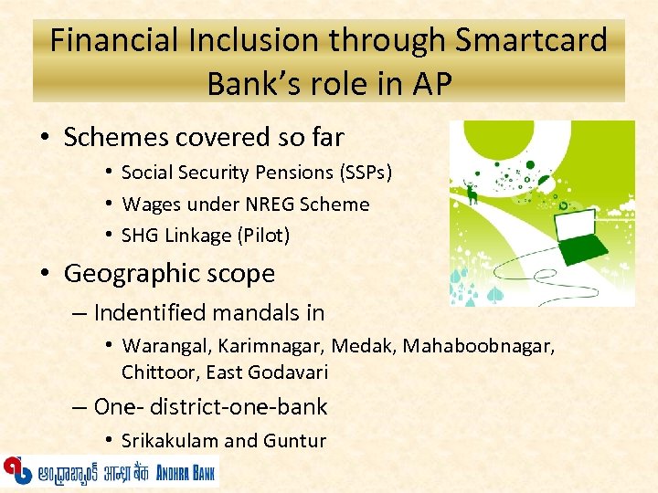 Financial Inclusion through Smartcard Bank’s role in AP • Schemes covered so far •