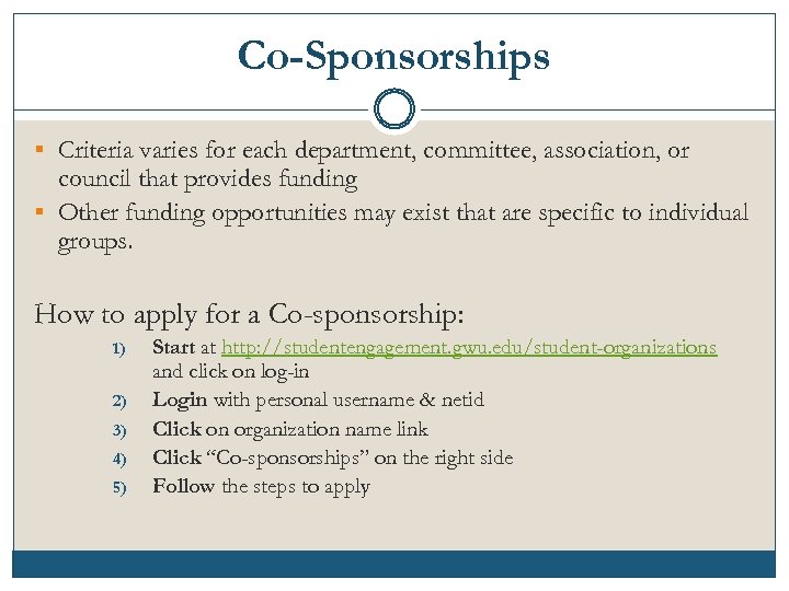 Co-Sponsorships § Criteria varies for each department, committee, association, or council that provides funding