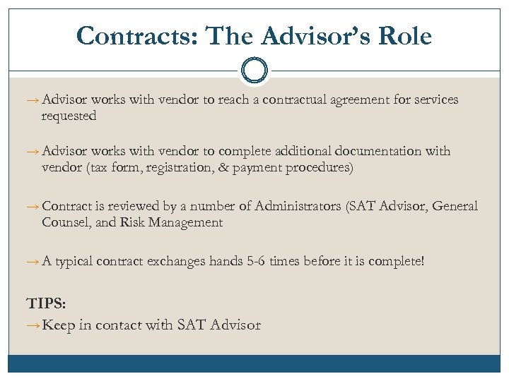 Contracts: The Advisor’s Role → Advisor works with vendor to reach a contractual agreement