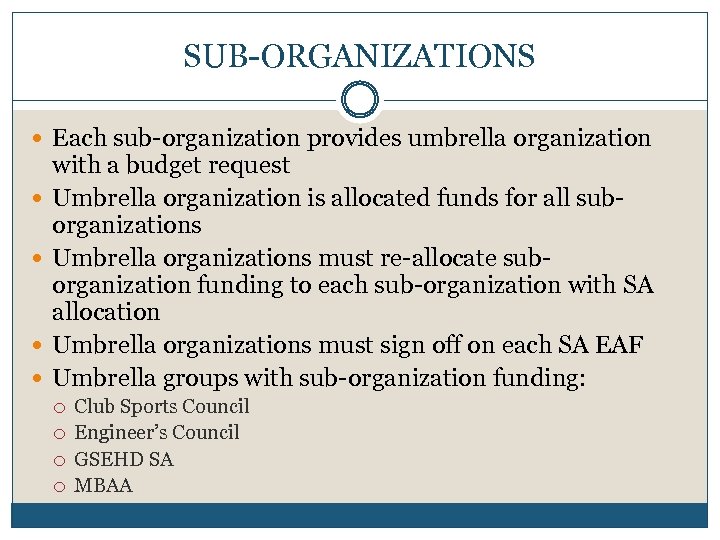 SUB-ORGANIZATIONS Each sub-organization provides umbrella organization with a budget request Umbrella organization is allocated