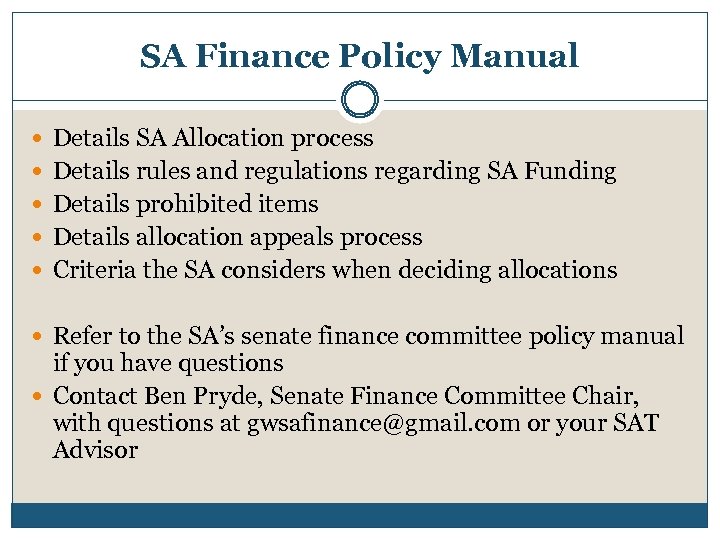 SA Finance Policy Manual Details SA Allocation process Details rules and regulations regarding SA