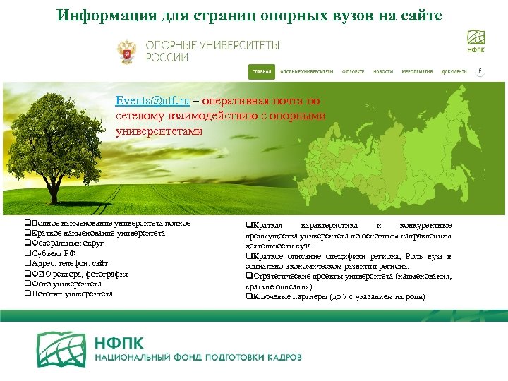 Информация для страниц опорных вузов на сайте Events@ntf. ru – оперативная почта по сетевому