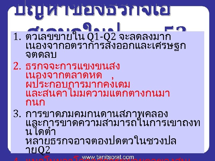 ปญหาของธรกจเอ 1. ตวเลขขายใน Q 1 -Q 2 จะลดลงมาก สเอมอในป 52 เนองจากอตราการสงออกและเศรษฐก จตดลบ 2. ธรกจจะการแขงขนสง