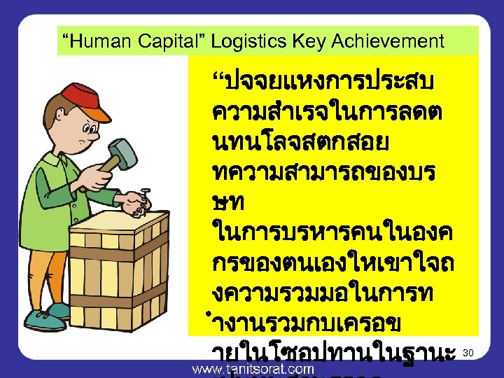 “Human Capital” Logistics Key Achievement “ปจจยแหงการประสบ ความสำเรจในการลดต นทนโลจสตกสอย ทความสามารถของบร ษท ในการบรหารคนในองค กรของตนเองใหเขาใจถ งความรวมมอในการท ำงานรวมกบเครอข