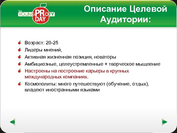 Описание Целевой Аудитории: Возраст: 20 -25 Лидеры мнений, Активная жизненная позиция, новаторы Амбициозные, целеустремленные