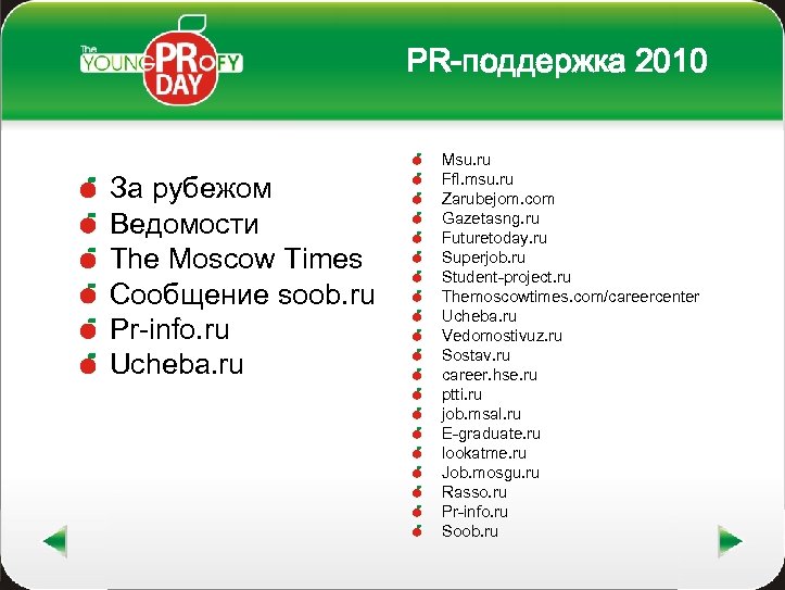 PR-поддержка 2010 За рубежом Ведомости The Moscow Times Сообщение soob. ru Pr-info. ru Ucheba.