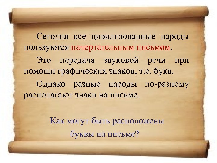 Сегодня все цивилизованные народы пользуются начертательным письмом. Это передача звуковой речи при помощи графических