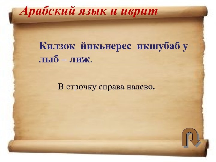 Арабский язык и иврит Килзок йикьнерес икшубаб у лыб – лиж. В строчку справа