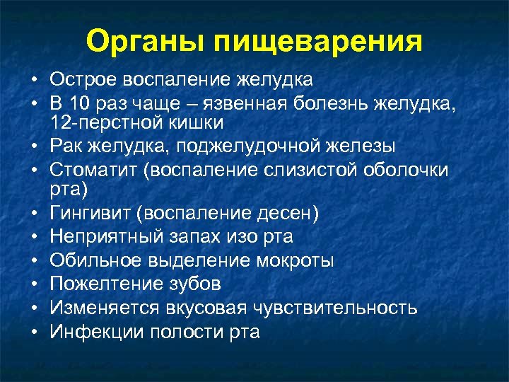 Органы пищеварения • Острое воспаление желудка • В 10 раз чаще – язвенная болезнь