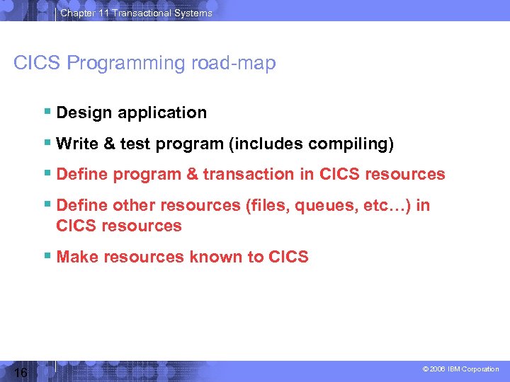 Chapter 11 Transactional Systems CICS Programming road-map Design application Write & test program (includes