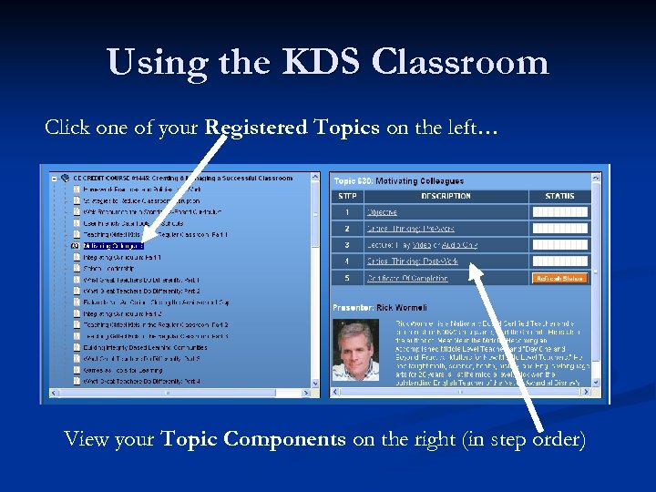 Using the KDS Classroom Click one of your Registered Topics on the left… View