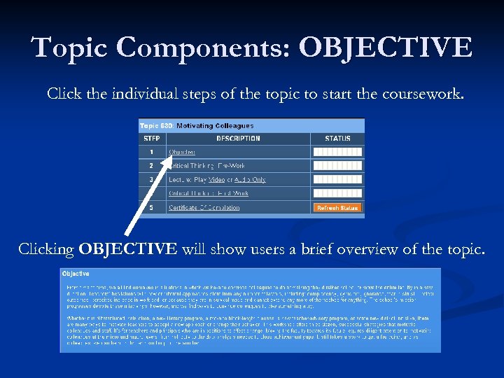 Topic Components: OBJECTIVE Click the individual steps of the topic to start the coursework.