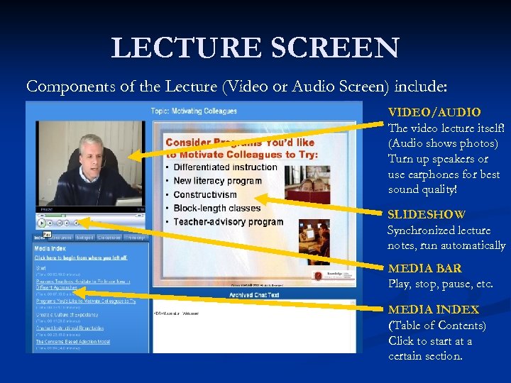 LECTURE SCREEN Components of the Lecture (Video or Audio Screen) include: VIDEO/AUDIO The video