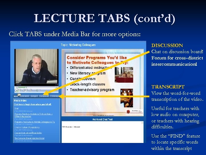 LECTURE TABS (cont’d) Click TABS under Media Bar for more options: DISCUSSION Chat on