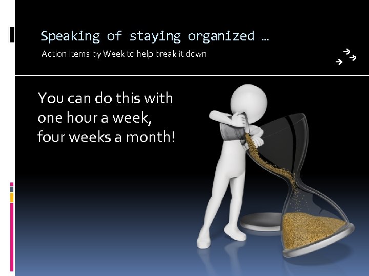 Speaking of staying organized … Action Items by Week to help break it down