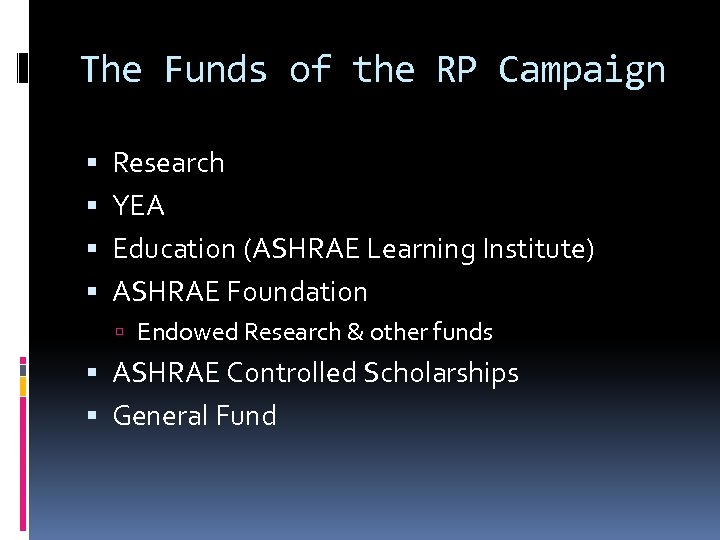 The Funds of the RP Campaign Research YEA Education (ASHRAE Learning Institute) ASHRAE Foundation