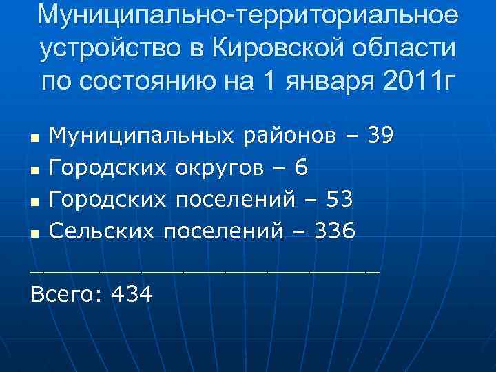 Муниципально-территориальное устройство в Кировской области по состоянию на 1 января 2011 г Муниципальных районов