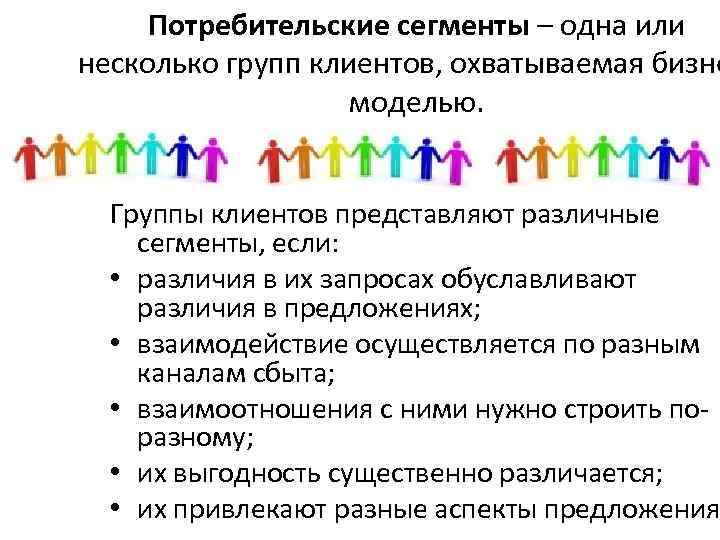 Потребительские сегменты – одна или несколько групп клиентов, охватываемая бизне моделью. Группы клиентов представляют