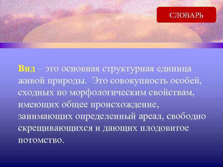 СЛОВАРЬ Вид – это основная структурная единица живой природы. Это совокупность особей, сходных по