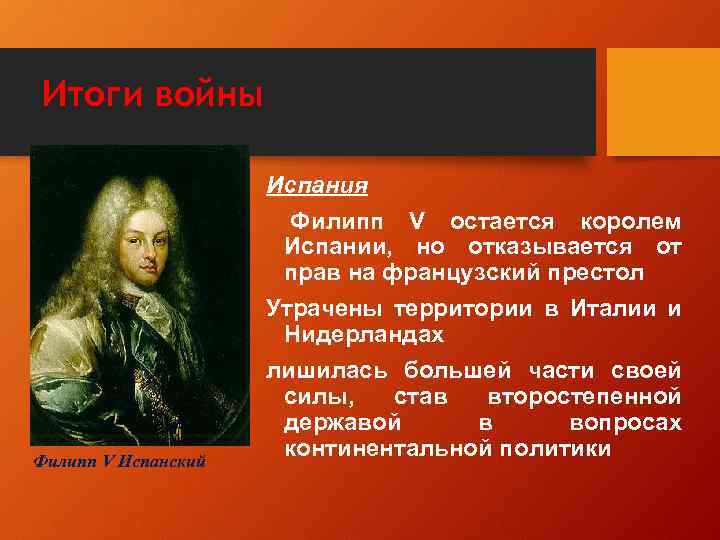 Итоги войны Филипп V Испанский Испания Филипп V остается королем Испании, но отказывается от