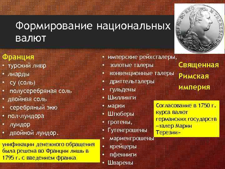 Формирование национальных валют Франция • • • турский ливр лиарды су (соль) полусеребряная соль