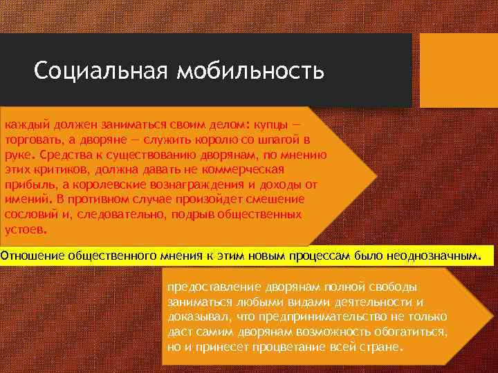 Социальная мобильность каждый должен заниматься своим делом: купцы — торговать, а дворяне — служить