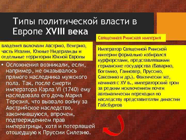 Типы политической власти в Европе XVIII века Священная Римская империя владения включали Австрию, Венгрию,