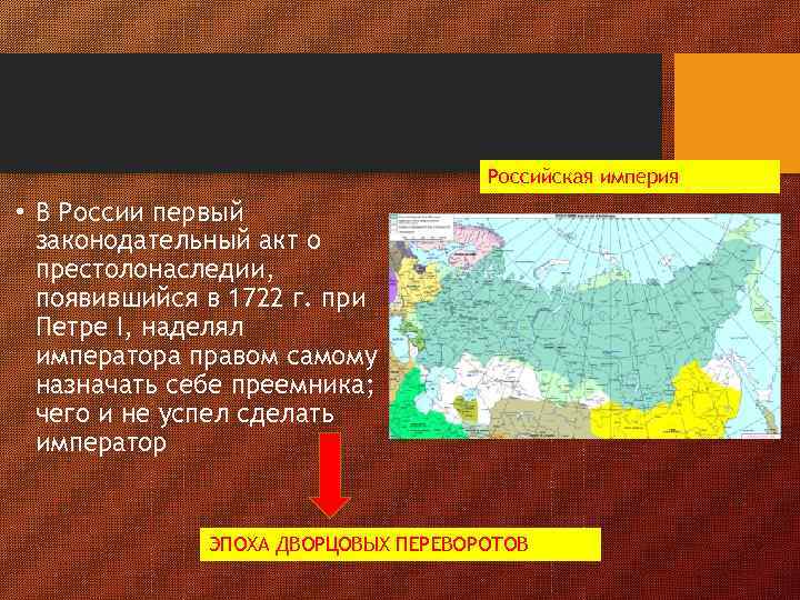 Российская империя • В России первый законодательный акт о престолонаследии, появившийся в 1722 г.