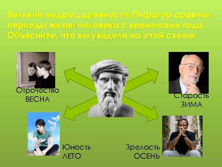 Великий мудрец древности Пифагор сравнил периоды жизни человека с временами года. Объясните, что вы