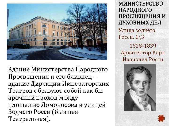 Улица зодчего Росси, 13 1828 -1839 Архитектор Карл Иванович Росси Здание Министерства Народного Просвещения