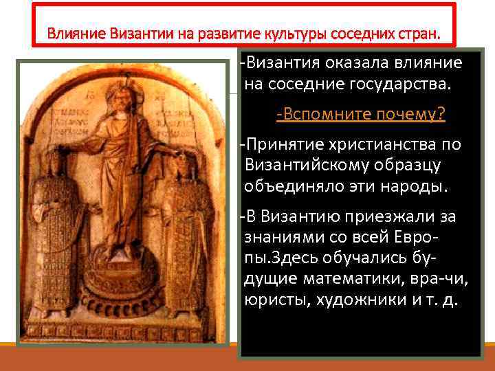 Влияние Византии на развитие культуры соседних стран. -Византия оказала влияние на соседние государства. -Вспомните