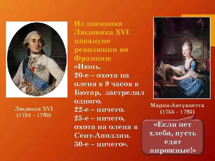 Людовик XVI (1754 – 1793) Из дневника Людовика XVI накануне революции во Франции: «Июнь.