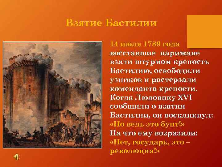 Взятие Бастилии 14 июля 1789 года восставшие парижане взяли штурмом крепость Бастилию, освободили узников