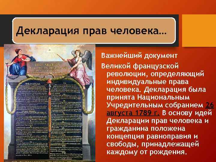 Декларация прав человека… Важнейший документ Великой французской революции, определяющий индивидуальные права человека. Декларация была