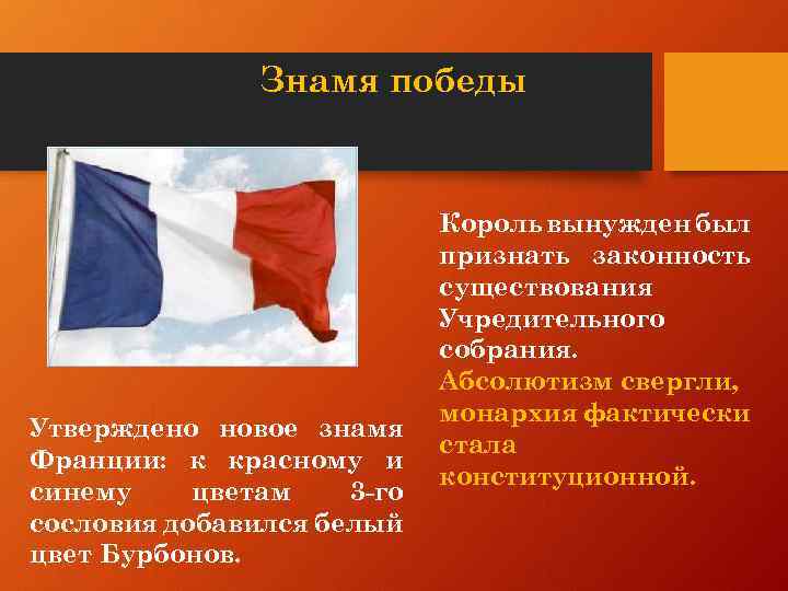 Знамя победы Утверждено новое знамя Франции: к красному и синему цветам 3 -го сословия