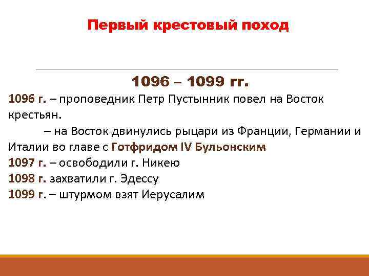 Первый крестовый поход 1096 – 1099 гг. 1096 г. – проповедник Петр Пустынник повел