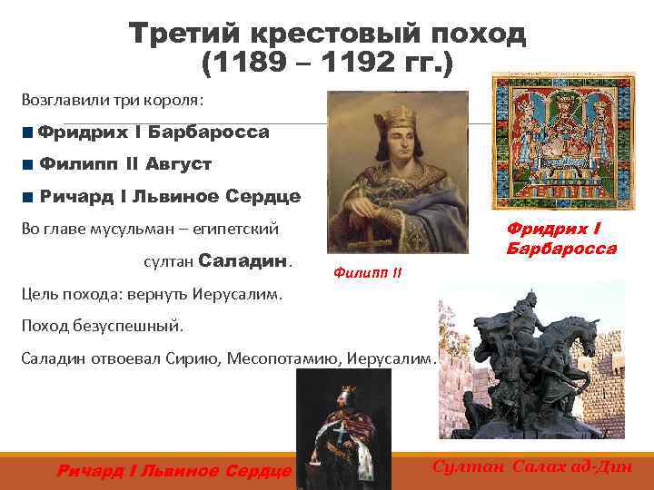Третий крестовый поход (1189 – 1192 гг. ) Возглавили три короля: Фридрих I Барбаросса
