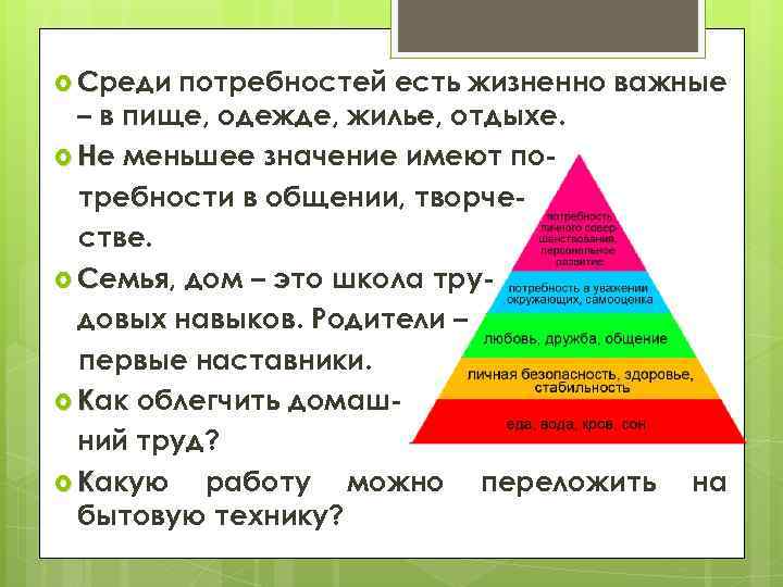  Среди потребностей есть жизненно важные – в пище, одежде, жилье, отдыхе. Не меньшее