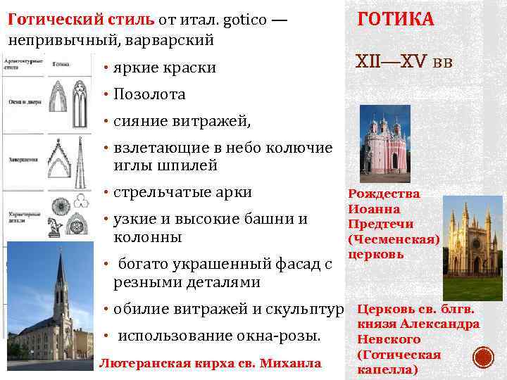 Готический стиль от итал. gotico — непривычный, варварский • яркие краски ГОТИКА XII—XV вв